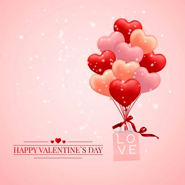 幸せなバレンタインデー背景 ピンク オレンジ色バルーン弓とリボンと紙の買い物袋でハートの形に ベクトル図 — ストックベクタ