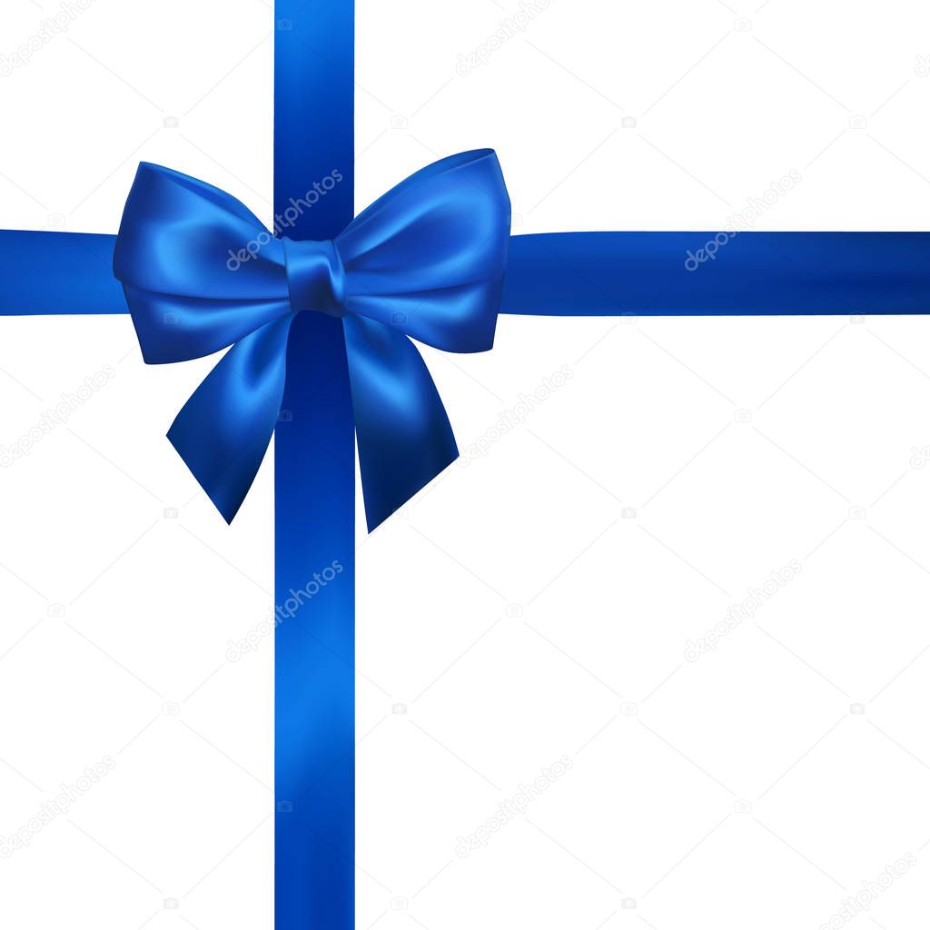 Realistic blue bow with blue ribbons isolated on white. Element for decoration gifts, greetings, holidays. Vector illustration.