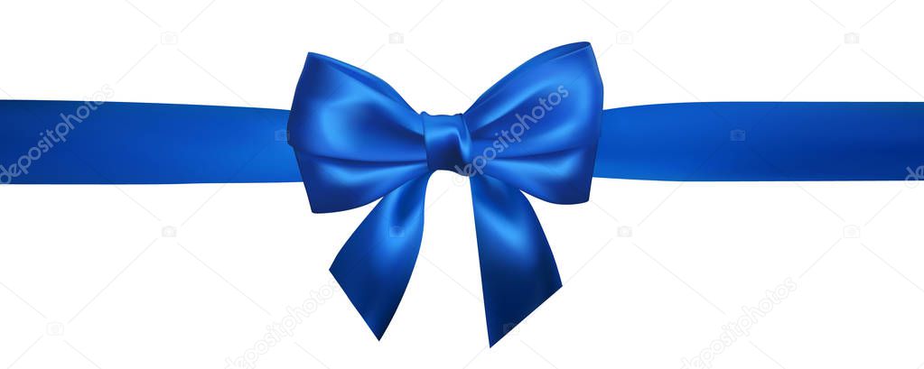 Realistic blue bow with horizontal blue ribbons isolated on white. Element for decoration gifts, greetings, holidays. Vector illustration.