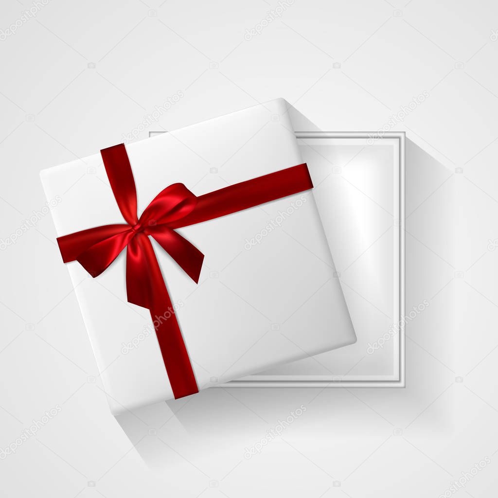 White Gift box with red bow and ribbon top view. Element for decoration gifts, greetings, holidays. Vector illustration.