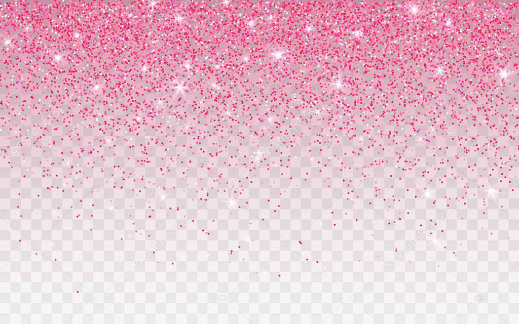 Pink glitter sparkle on a transparent background. Vibrant background with twinkle lights. Vector illustration.