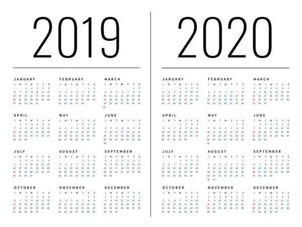 Mockup Eenvoudige Kalender Lay Out Voor 2019 2020 Jaar Week — Stockvector