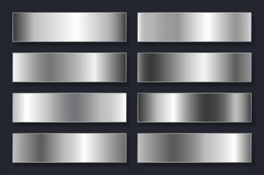 Metalik gradyan ile arka planlar topluluğu. Parlak plakalı gümüş krom etkisi ile. Vektör çizim