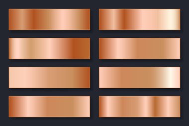 Metalik gradyan ile arka planlar topluluğu. Bronz etkisi ile parlak plakalar. Vektör çizim