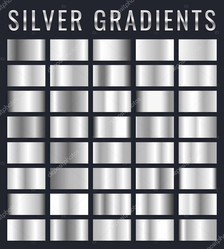 Collection of silver, chrome metallic gradient. Brilliant plates with silver effect. Vector illustration