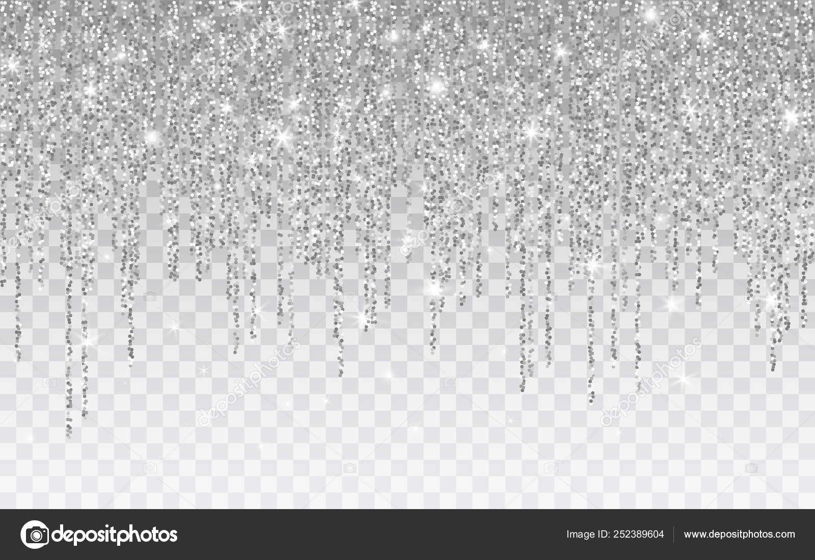 Silver glitter sparkle on a transparent background. Silver Vibrant  background with twinkle lights. Vector illustration Stock Vector