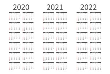 Mockup 2020, 2021 ve 2022 yıl için Basit takvim Düzeni. Hafta Pazar'dan başlar
