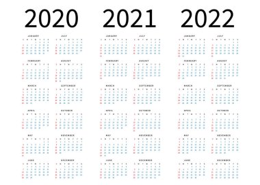 Mockup 2020, 2021 ve 2022 yıl için Basit takvim Düzeni. Hafta Pazar'dan başlar