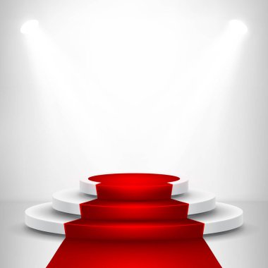 Işıkile yuvarlak sahne podyum. Sahne vektör üteliği. Ödül töreni için kırmızı halı ile festival podyum sahnesi. Vektör çizimi