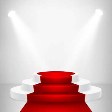 Işıkile yuvarlak sahne podyum. Sahne vektör üteliği. Ödül töreni için kırmızı halı ile festival podyum sahnesi. Vektör çizimi