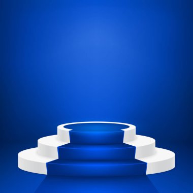Yuvarlak sahne podyum. Sahne vektör üteliği. Ödül töreni için mavi halı ile şenlikli podyum sahnesi. Vektör çizimi