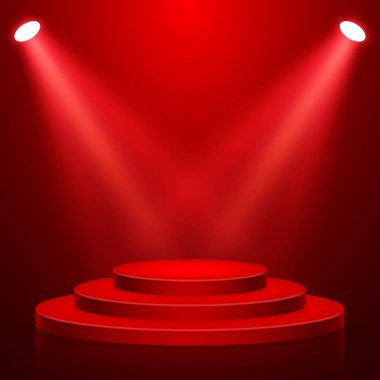 Işıkile yuvarlak sahne podyum. Sahne vektör üteliği. Ödül töreni için kırmızı halı ile festival podyum sahnesi. Vektör çizimi