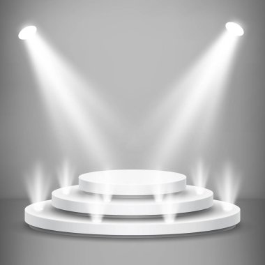 Işıkile yuvarlak sahne podyum. Sahne vektör üteliği. Ödül töreni için şenlikli podyum sahnesi. Vektör çizimi
