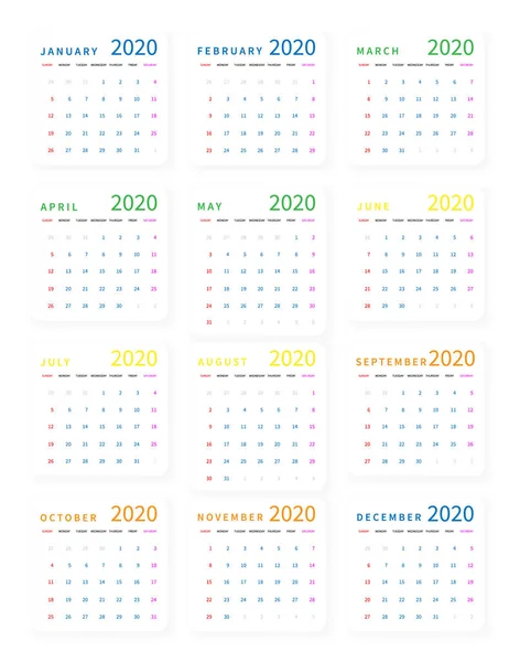 Mockup eenvoudige kalender lay-out voor 2020 jaar. Week begint vanaf zondag — Stockvector