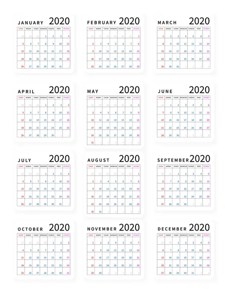 Mockup eenvoudige kalender lay-out voor 2020 jaar. Week begint vanaf zondag — Stockvector