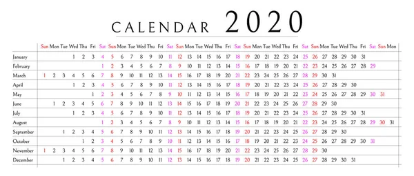 Макет Простий календар Розкладка на 2020 рік. Тиждень починається з неділі — стоковий вектор