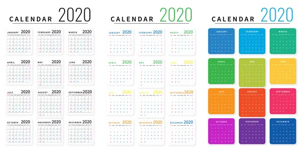 Mockup eenvoudige kalender lay-out voor 2020 jaar. Week begint vanaf zondag — Stockvector