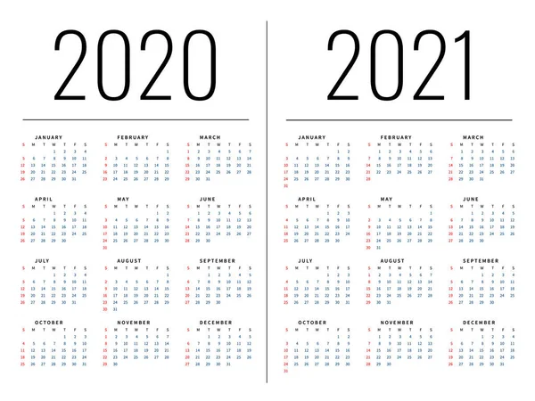 Mockup eenvoudige kalender lay-out voor 2020 jaar. Week begint vanaf zondag — Stockvector