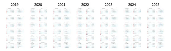 Простой календарный макет на 2019 - 2025 годы. Неделя начинается в воскресенье — стоковый вектор