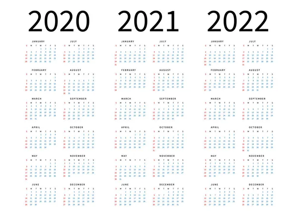 Простой календарный макет на 2020, 2021 и 2022 годы. Неделя начинается в воскресенье — стоковый вектор