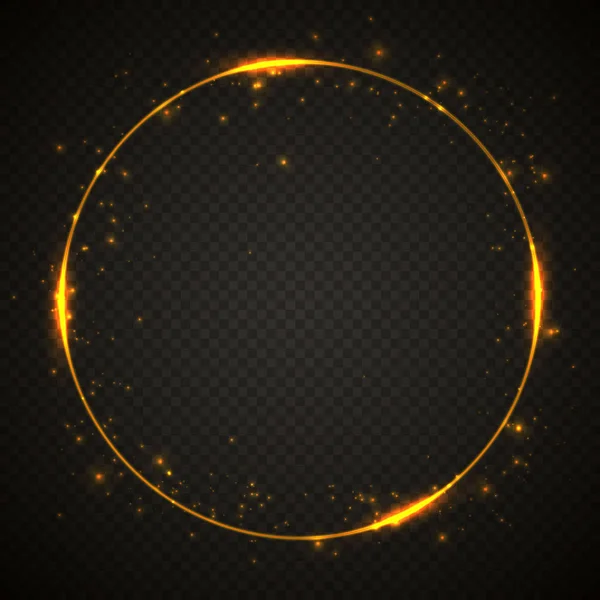 Gold shiny glitter glowing vintage frame with lights effects. Shining circle banner on black transparent background. Vector illustration — Stock Vector