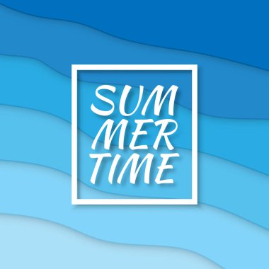 Yaz zamanı. Çerçeve ile Kağıt kesim tarzı mavi deniz yaz arka plan. Vektör çizimi