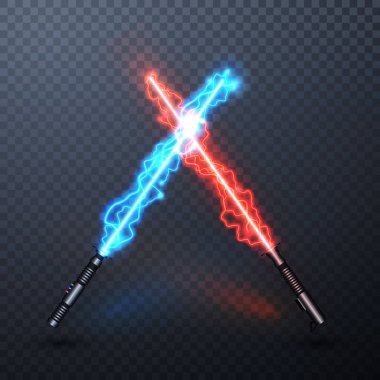Neon elektrik ışık kılıçları. Şeffaf arka planda izole edilmiş çapraz ışık sabers. Vektör çizimi