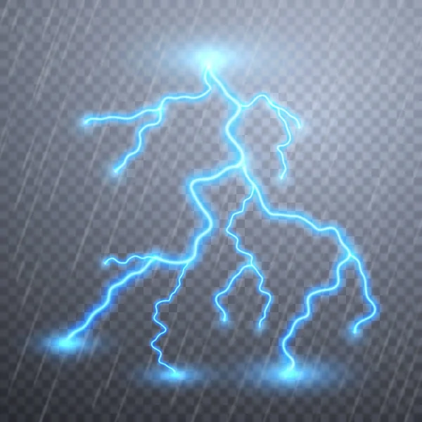 Realistische Blitze mit Transparenz für die Gestaltung. Gewitter und Blitze. Magie und helle Lichteffekte. Vektorillustration — Stockvektor