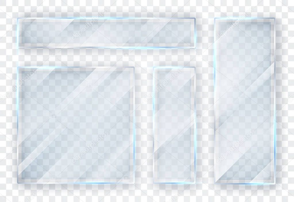 Glass plates set. Glass banners on transparent background. Flat glass. Vector illustration