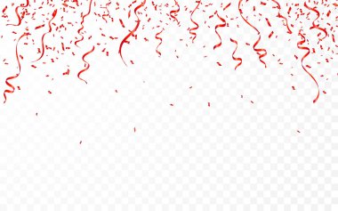 Kırmızı konfeti. Kutlama karnaval kurdeleleri. Lüks tebrik kartı. Vektör çizimi