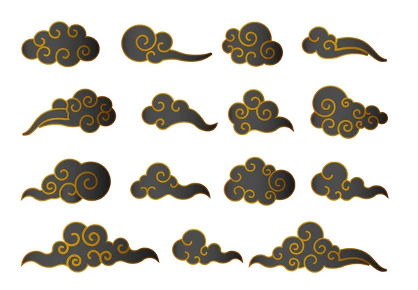 Nube en estilo chino. Conjunto nublado abstracto negro y dorado aislado sobre fondo blanco. Ilustración vectorial — Archivo Imágenes Vectoriales