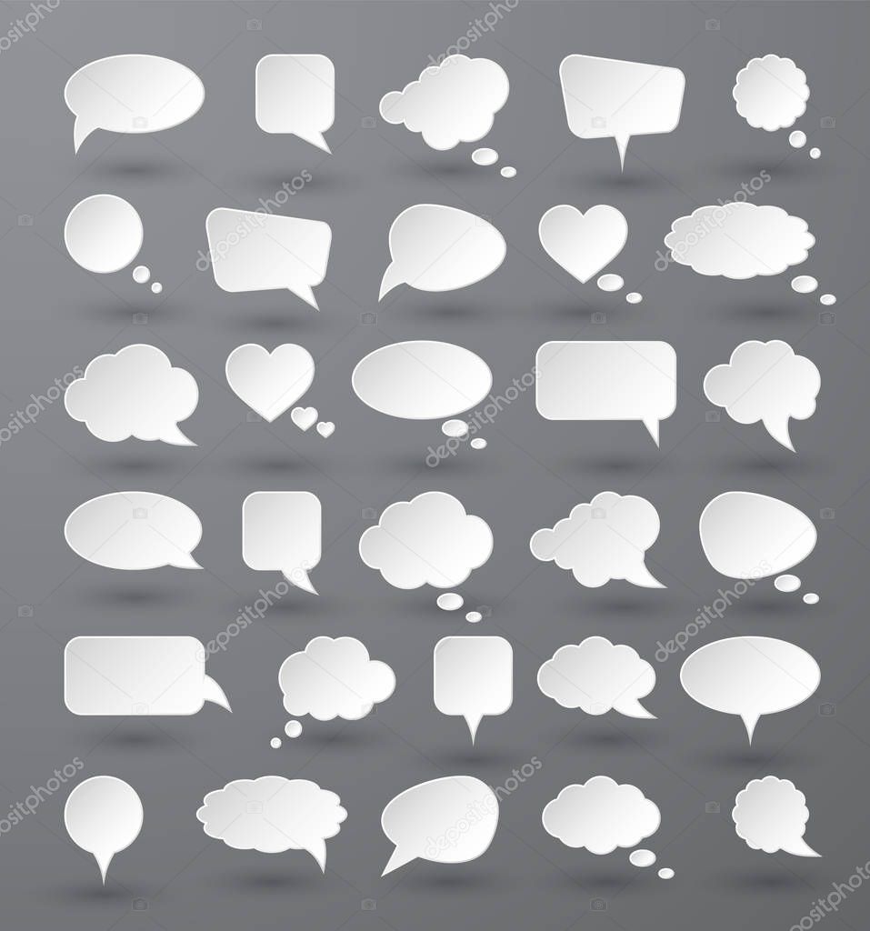 White paper speech bubbles on gray background. Vector illustration