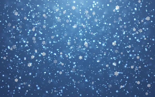 Neve di Natale. Fiocchi di neve cadenti su sfondo blu. Nevicate. Illustrazione vettoriale — Vettoriale Stock