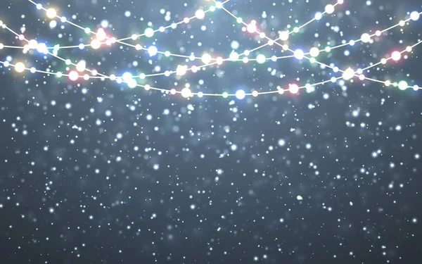 Nieve de Navidad. Caída de copos de nieve blancos sobre fondo oscuro. Guirnalda de color de Navidad, decoraciones festivas. Luces brillantes de Navidad. Vector nevada, copos de nieve volando en el aire de invierno — Archivo Imágenes Vectoriales