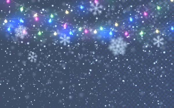 Різдвяний сніг. Падають білі сніжинки на темному тлі. Різдвяна кольорова гірлянда, святкові прикраси. Світлі різдвяні вогні. Векторні снігопади, сніжинки літають в зимовому повітрі — стоковий вектор