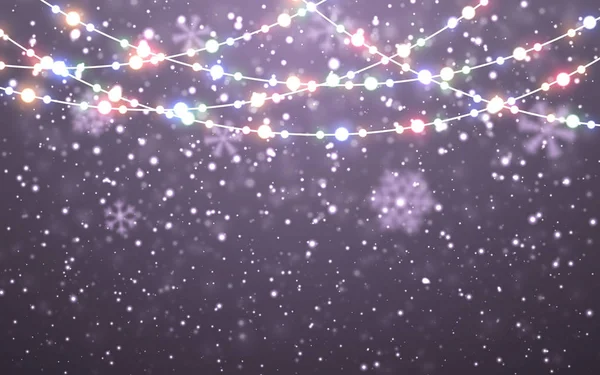 Kerst sneeuw. Vallende witte sneeuwvlokken op donkere achtergrond. Xmas kleur garland, feestelijke decoraties. Gloeiende lichten van Kerstmis. Vector sneeuwval, sneeuwvlokken vliegen in winterlucht — Stockvector