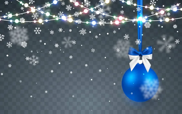 Neige de Noël. Flocons de neige tombant sur fond sombre. Chute de neige. Boule de Noël. Guirlande de couleur de Noël, décorations festives. Des lumières brillantes. Illustration vectorielle — Image vectorielle