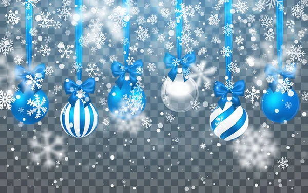 Nieve de Navidad. Copos de nieve cayendo sobre fondo oscuro. Nevadas. Fondo de Año Nuevo con bola de Navidad. Ilustración vectorial — Archivo Imágenes Vectoriales
