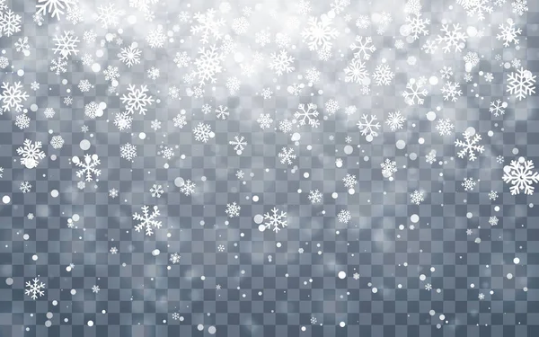 Neige de Noël. Flocons de neige tombant sur fond sombre. Chute de neige. Illustration vectorielle — Image vectorielle