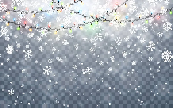 Christmas snow. Falling white snowflakes on dark background. Xmas Color garland, festive decorations. Glowing christmas lights. Vector snowfall, snowflakes flying in winter air — Stock Vector