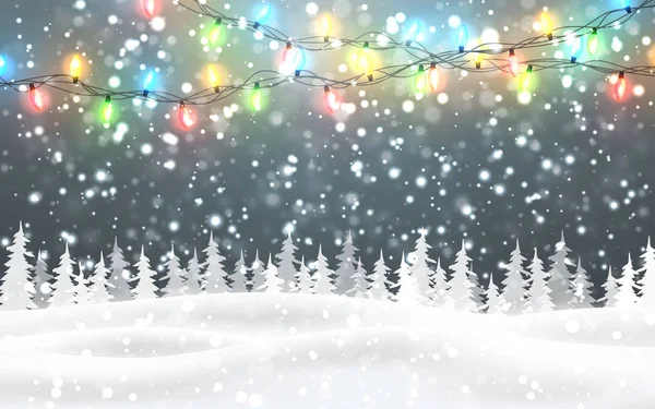 Kerstmis, besneeuwde nacht bos landschap met vallende sneeuw, Firs, lichte Garland, sneeuwvlokken voor de winter en Nieuwjaar vakantie. Xmas winter achtergrond — Stockvector