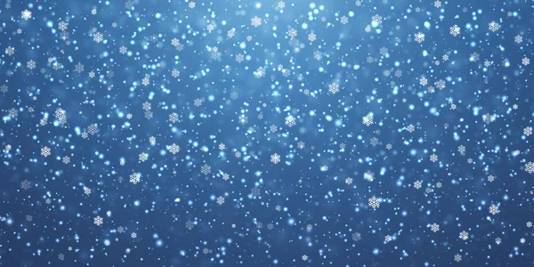 Julsnö. Fallande snöflingor på blå bakgrund. Snöfall. Vektorillustration — Stock vektor