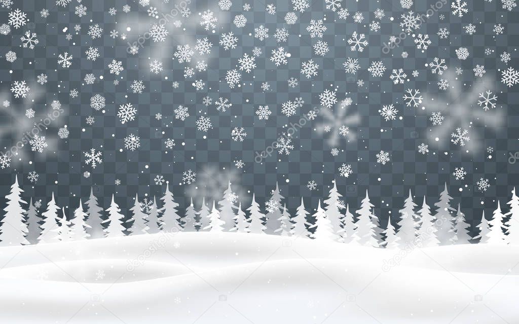 Christmas background of falling snow. Winter night. Xmas card design vector illustration