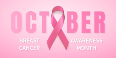 Ekim göğüs kanseri duyarlılığı ayı içinde. Gerçekçi pembe kurdele simgesi. Tıbbi tasarım. Vektör çizim