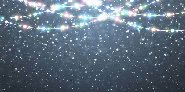 Kerst sneeuw. Vallende witte sneeuwvlokken op donkere achtergrond. Xmas kleur garland, feestelijke decoraties. Gloeiende lichten van Kerstmis. Vector sneeuwval, sneeuwvlokken vliegen in winterlucht — Stockvector
