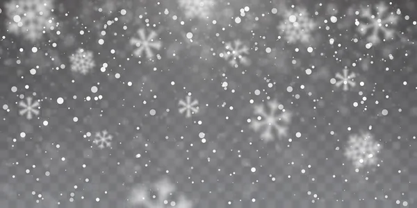 Weihnachtsschnee. Starker Schneefall. Schneeflocken fallen auf transparentem Hintergrund. weiße Schneeflocken fliegen in der Luft. Vektorillustration — Stockvektor