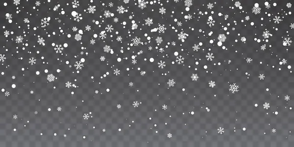 Kerst sneeuw. Zware sneeuwval. Vallende sneeuwvlokken op transparante achtergrond. Witte sneeuwvlokken vliegen in de lucht. Vector illustratie — Stockvector
