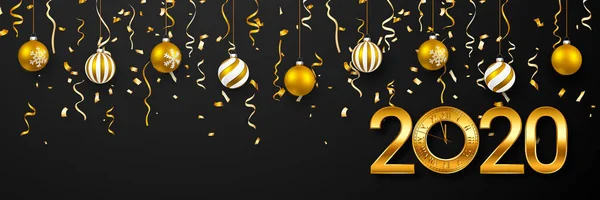 Blahopřání k novému roku 2020. Vánoční ples s konfety. Xmas míč na tmavém pozadí. Šablona dekorace svátků Vektorová ilustrace — Stockový vektor