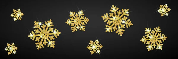 Shining gold snowflakes on black background. Christmas and New Year background. Vector illustration — Stock Vector