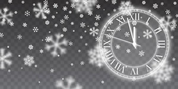 Ouro vintage brilhando relógio redondo. Neve de Natal. Queda de flocos de neve no fundo azul. Uma queda de neve. Ilustração vetorial — Vetor de Stock